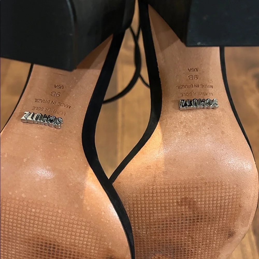 Schutz Black Suede Block Heel Ankle Strap Heels